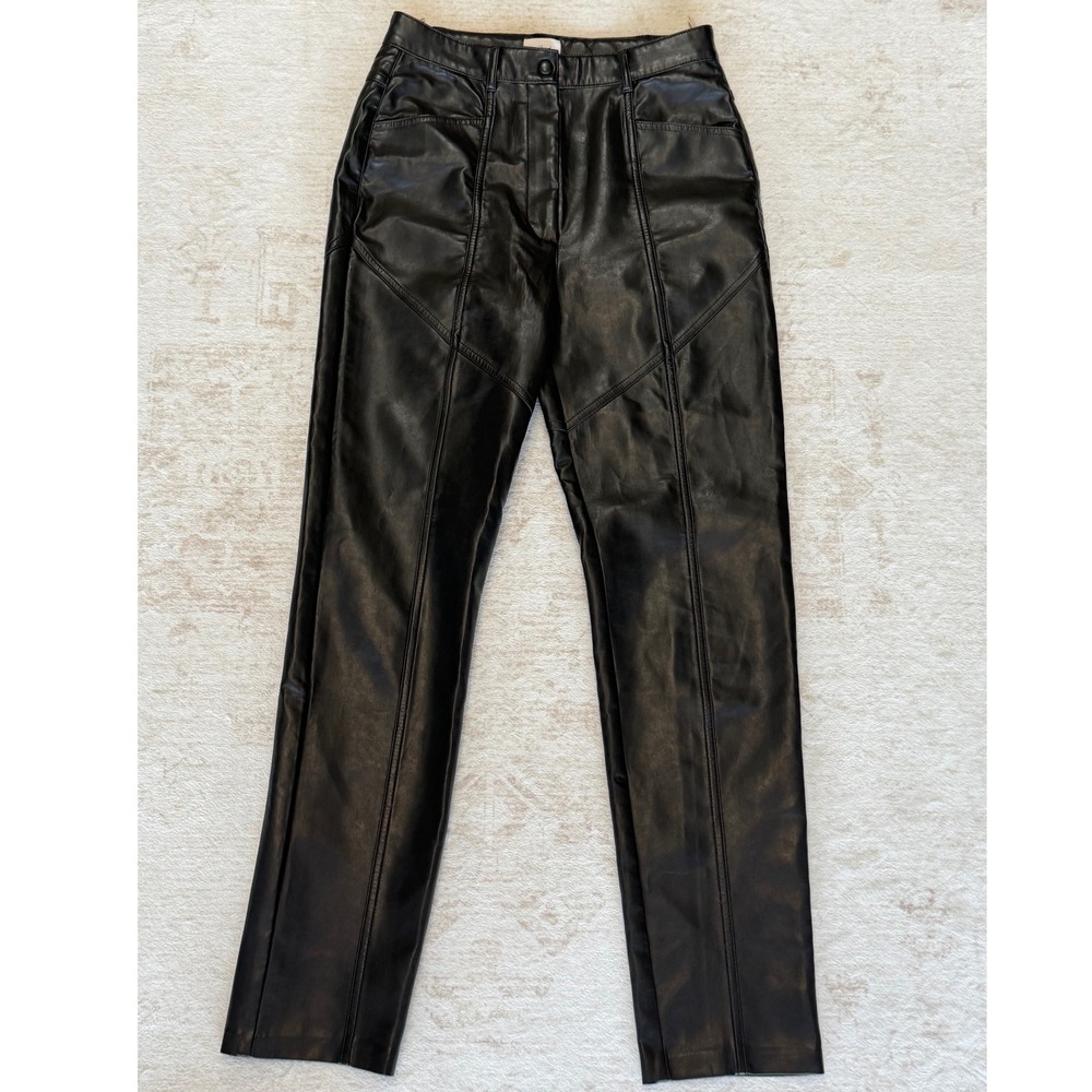 Wilfred Aritzia Faux Leather Straight Leg Pants Black Seam Detail Size 6 76488